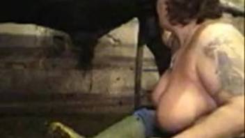 Chubby older woman takes the horse's cock in her mouth