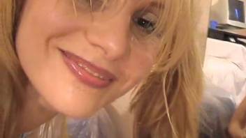 Young blonde with pigtails is obsessed with canine semen
