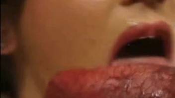 Dark-haired vixen sucks off her lustful pooch like an absolute whore