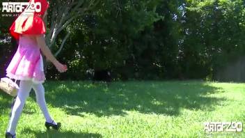 Tall-legged teen in school uniform being screwed by a canine