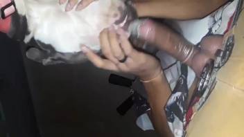 Guy deepthroating his obedient pup as if she's a complete whore