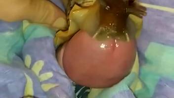 Guy enjoys the snail slithering across his hard cock