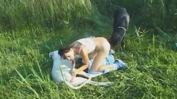 Outdoor fucking movie with a spit roasted zoophile