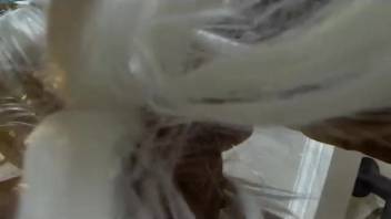 Contemplative slut squirting cunt fluids while getting pounded doggy style