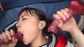 Japanese hottie has two dog dicks to choose from