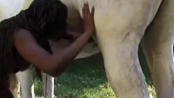 Bare female delights in huge equine penis during unending open-air sessions