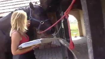 Red get-up blonde gets fucked by a big-dicked horse