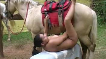Chubby brunette Latina sucking a horse's massive cock