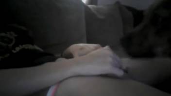 Aroused vixen pleasures herself while the canine laps at her moist clit