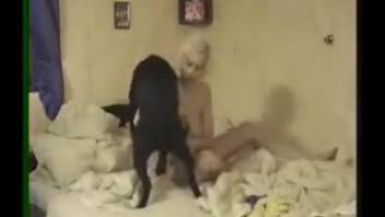 Brunette with unshaven cunt gets banged by a well-endowed dog